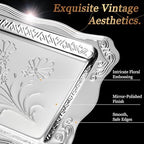 4 Pack 18.9" x 12.8" Large Silver Serving Trays for Dessert Table Stainless Steel Silver Platters Floral, alternate view 4