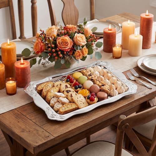 4 Pack 18.9" x 12.8" Large Silver Serving Trays for Dessert Table Stainless Steel Silver Platters Floral, alternate view 5