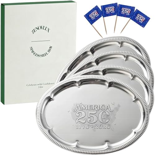 4 Pack 250th Anniversary USA Oval Silver Serving Trays with 4 US Toothpick Flags - 15.7" x 11.8" Stackable
