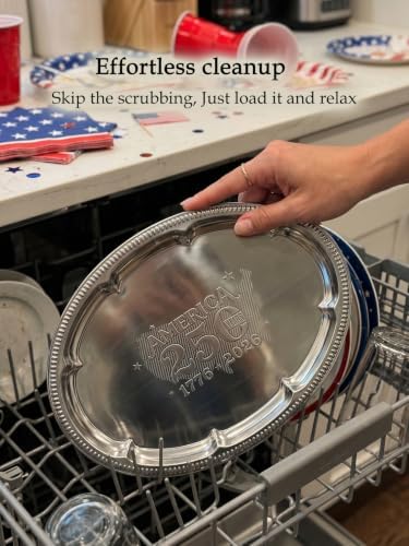 4 Pack 250th Anniversary USA Oval Silver Serving Trays with 4 US Toothpick Flags - 15.7" x 11.8" Stackable, alternate view 2
