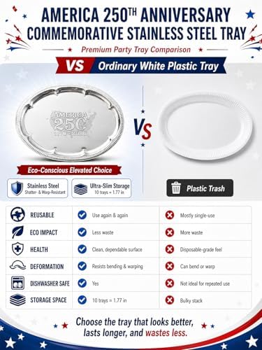 4 Pack 250th Anniversary USA Oval Silver Serving Trays with 4 US Toothpick Flags - 15.7" x 11.8" Stackable, alternate view 6