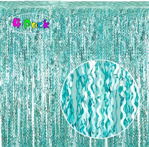 4 Pack 3.3 ft x 6.6 ft Wavy Aqua Teal Blue Tinsel Foil Fringe Curtains Backdrop - Wave Metallic Foil Curtains