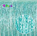 4 Pack 3.3 ft x 6.6 ft Wavy Aqua Teal Blue Tinsel Foil Fringe Curtains Backdrop - Wave Metallic Foil Curtains