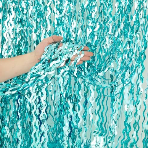 4 Pack 3.3 ft x 6.6 ft Wavy Aqua Teal Blue Tinsel Foil Fringe Curtains Backdrop - Wave Metallic Foil Curtains, alternate view