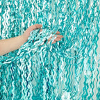 4 Pack 3.3 ft x 6.6 ft Wavy Aqua Teal Blue Tinsel Foil Fringe Curtains Backdrop - Wave Metallic Foil Curtains, alternate view