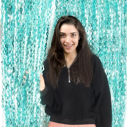 4 Pack 3.3 ft x 6.6 ft Wavy Aqua Teal Blue Tinsel Foil Fringe Curtains Backdrop - Wave Metallic Foil Curtains, alternate view
