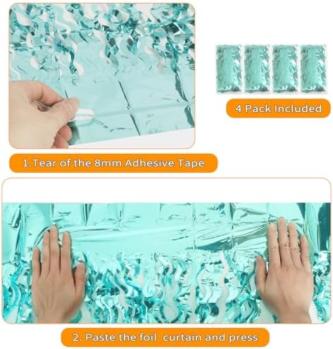 4 Pack 3.3 ft x 6.6 ft Wavy Aqua Teal Blue Tinsel Foil Fringe Curtains Backdrop - Wave Metallic Foil Curtains, alternate view