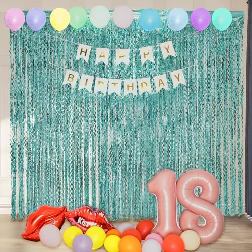 4 Pack 3.3 ft x 6.6 ft Wavy Aqua Teal Blue Tinsel Foil Fringe Curtains Backdrop - Wave Metallic Foil Curtains, alternate view