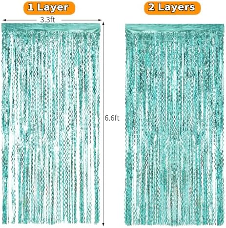4 Pack 3.3 ft x 6.6 ft Wavy Aqua Teal Blue Tinsel Foil Fringe Curtains Backdrop - Wave Metallic Foil Curtains, alternate view