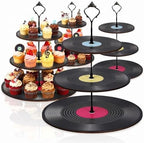 4 Pack 3 Tier Rock Roll Record Cake Stand Party Decoration in black, hot pink, yellow, blue