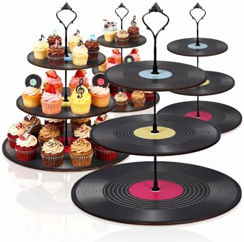 4 Pack 3 Tier Rock Roll Record Cake Stand Party Decoration in black, hot pink, yellow, blue