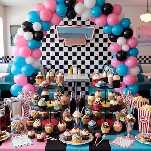 4 Pack 3 Tier Rock Roll Record Cake Stand Party Decoration in black, hot pink, yellow, blue, alternate view 2
