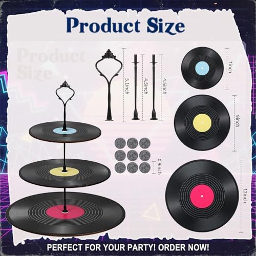 4 Pack 3 Tier Rock Roll Record Cake Stand Party Decoration in black, hot pink, yellow, blue, alternate view 3