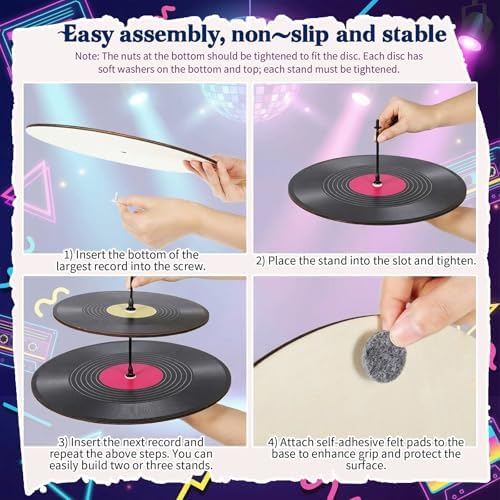 4 Pack 3 Tier Rock Roll Record Cake Stand Party Decoration in black, hot pink, yellow, blue, alternate view 4