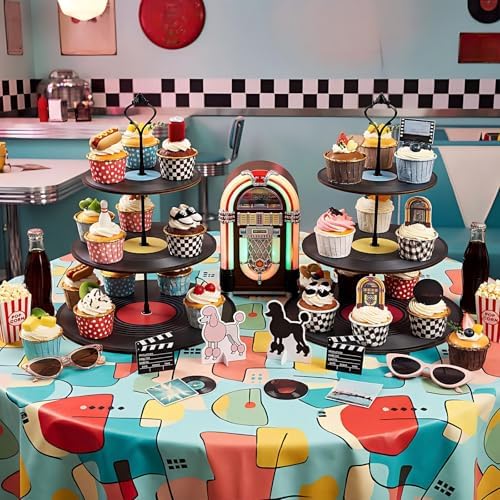 4 Pack 3 Tier Rock Roll Record Cake Stand Party Decoration in black, hot pink, yellow, blue, alternate view 5