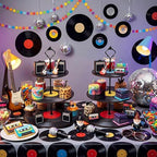 4 Pack 3 Tier Rock Roll Record Cake Stand Party Decoration in black, hot pink, yellow, blue, alternate view 6