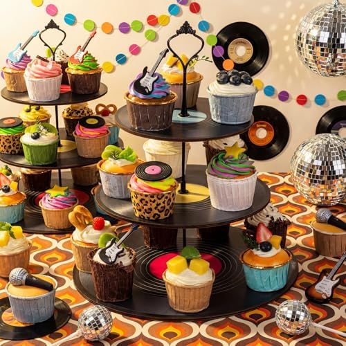 4 Pack 3 Tier Rock Roll Record Cake Stand Party Decoration in black, hot pink, yellow, blue, alternate view 7