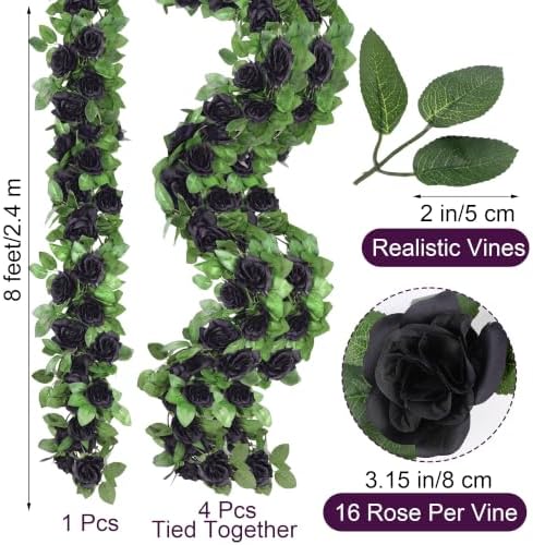 4 Pack 32 FT Black Halloween Garland Artificial Flower Vines Decor, alternate view 2