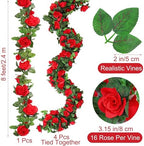 4 Pack 32 FT Red Flower Garland Kentucky Artificial Rose Vines Derby Roses Fake Vine Flowers Plants Party, alternate view 2