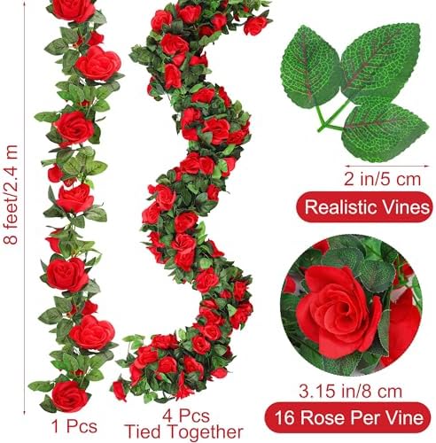 4 Pack 32 FT Red Flower Garland Kentucky Artificial Rose Vines Derby Roses Fake Vine Flowers Plants Party, alternate view 2