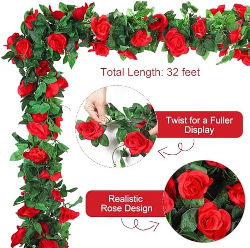 4 Pack 32 FT Red Flower Garland Kentucky Artificial Rose Vines Derby Roses Fake Vine Flowers Plants Party, alternate view 3