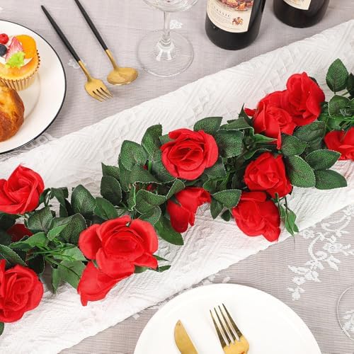 4 Pack 32 FT Red Flower Garland Kentucky Artificial Rose Vines Derby Roses Fake Vine Flowers Plants Party, alternate view 4