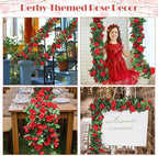 4 Pack 32 FT Red Flower Garland Kentucky Artificial Rose Vines Derby Roses Fake Vine Flowers Plants Party, alternate view 6