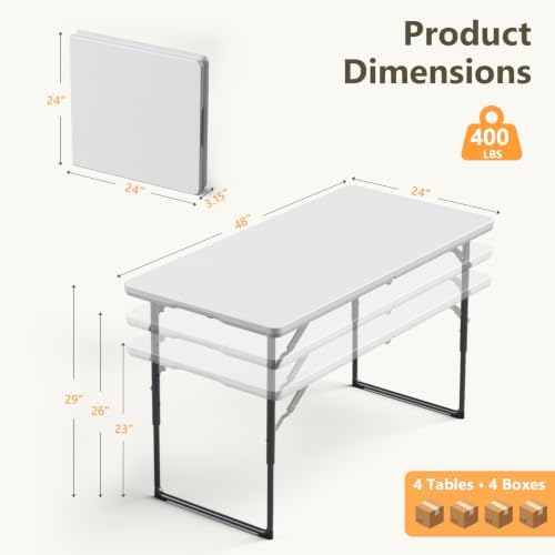 4 Pack 4 FT Folding Table with Adjustable Height, Heavy Duty Fold in Half Utility Table, Portable Plastic Picnic, alternate