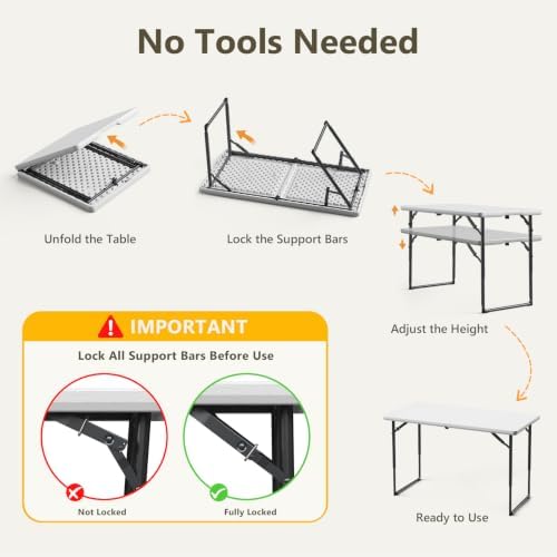 4 Pack 4 FT Folding Table with Adjustable Height, Heavy Duty Fold in Half Utility Table, Portable Plastic Picnic, alternate