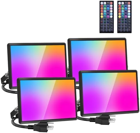 4-Pack 40W RGB Flood Lights with Remote, Warm White LED Flood Light