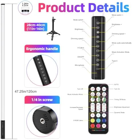 4 Pack 4ft RGB LED Light Bar 5200mAh Rechargeable Battery Powered Tube Light Stand APP Control Party, DJ, Disco, alternate