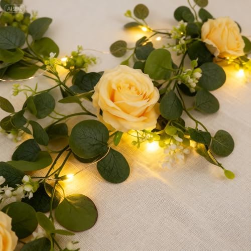4 Pack 5.9 FT Artificial Flower Garland with Lights, Fake Floral Garland with 24 Champagne Roses, Flower, alternate view 2