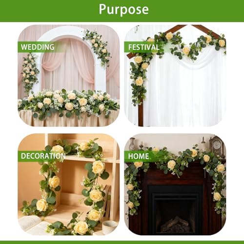 4 Pack 5.9 FT Artificial Flower Garland with Lights, Fake Floral Garland with 24 Champagne Roses, Flower, alternate view 6