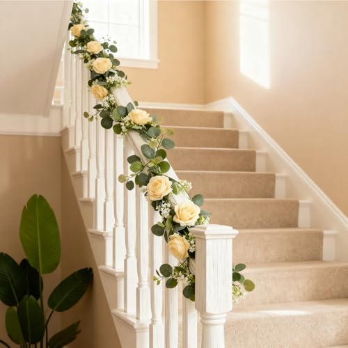 4 Pack 5.9 FT Artificial Flower Garland with Lights, Fake Floral Garland with 24 Champagne Roses, Flower, alternate view 7