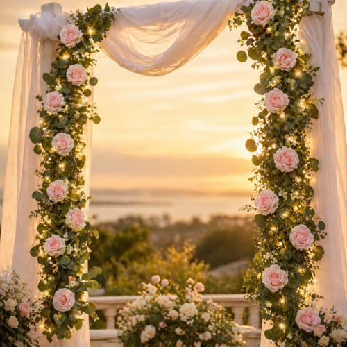 4 Pack 5.9 FT Artificial Flower Garland with Lights, Fake Floral Garland with 24 Pink Roses, Flower Decorations, alternate