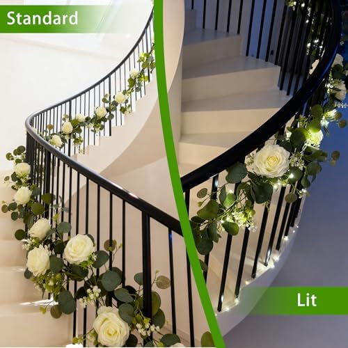 4 Pack 5.9 FT Artificial Flower Garland with Lights, Fake Floral Garland with 24 White Roses, Flower Decorations, alternate