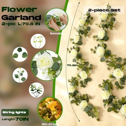4 Pack 5.9 FT Artificial Flower Garland with Lights, Fake Floral Garland with 24 White Roses, Flower Decorations, alternate