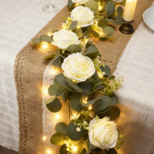 4 Pack 5.9 FT Artificial Flower Garland with Lights, Fake Floral Garland with 24 White Roses, Flower Decorations, alternate