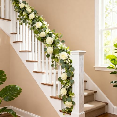 4 Pack 5.9 FT Artificial Flower Garland with Lights, Fake Floral Garland with 24 White Roses, Flower Decorations, alternate