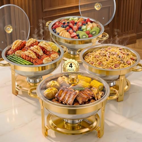 4 Pack 5QT Gold Chafing Dishes for Buffet, Installation-Free Stands, Round in Gold