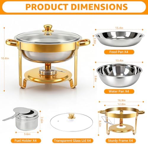 4 Pack 5QT Gold Chafing Dishes for Buffet, Installation-Free Stands, Round in Gold, alternate view 2