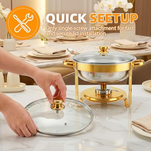 4 Pack 5QT Gold Chafing Dishes for Buffet, Installation-Free Stands, Round in Gold, alternate view 3