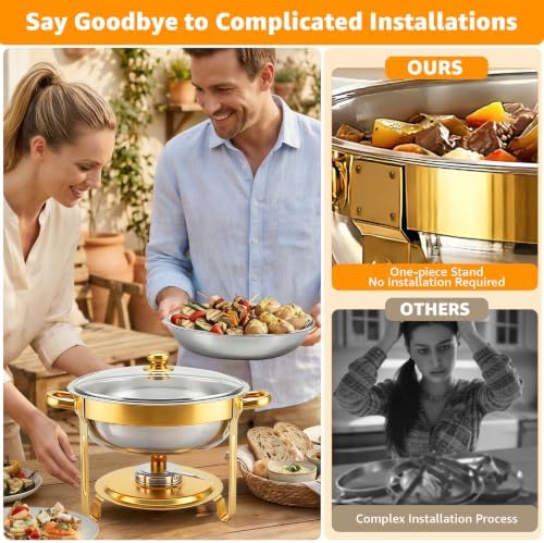 4 Pack 5QT Gold Chafing Dishes for Buffet, Installation-Free Stands, Round in Gold, alternate view 4