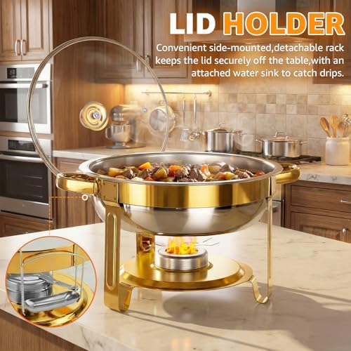 4 Pack 5QT Gold Chafing Dishes for Buffet, Installation-Free Stands, Round in Gold, alternate view 5