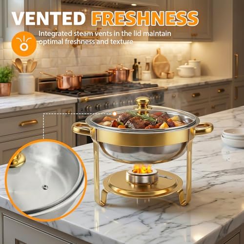 4 Pack 5QT Gold Chafing Dishes for Buffet, Installation-Free Stands, Round in Gold, alternate view 6