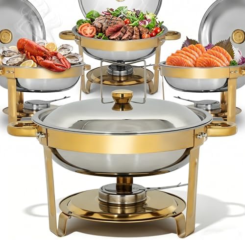 4 Pack 5QT Round Chafing Dishes for Buffet, Silver Lid Stainless Steel Food Warmer with Lid & Fuel Holder