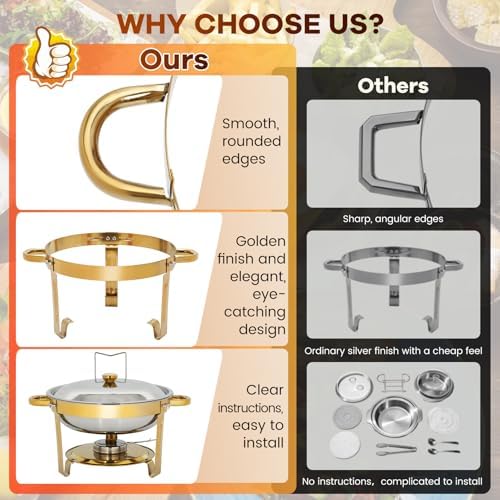 4 Pack 5QT Round Chafing Dishes for Buffet, Silver Lid Stainless Steel Food Warmer with Lid & Fuel Holder, alternate view 4