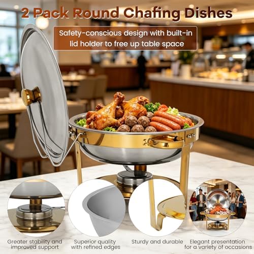 4 Pack 5QT Round Chafing Dishes for Buffet, Silver Lid Stainless Steel Food Warmer with Lid & Fuel Holder, alternate view 5