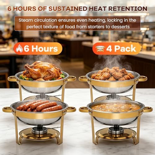 4 Pack 5QT Round Chafing Dishes for Buffet, Silver Lid Stainless Steel Food Warmer with Lid & Fuel Holder, alternate view 6