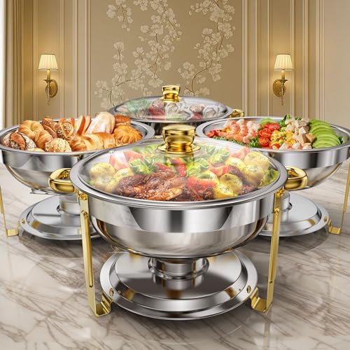 4 Pack 6 QT Round Chafing Dishes for Buffet with Glass Lid, Stainless Steel in Silver & Gold